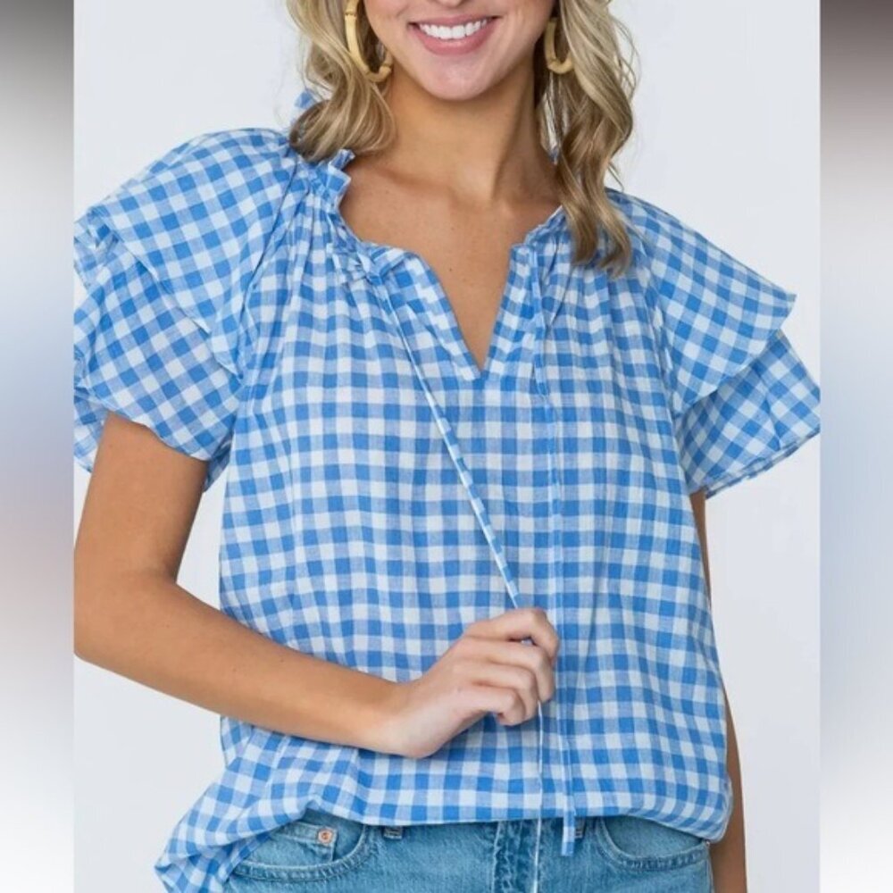 Olivia James the Label Astrid Gingham Top Size L Blue White Ruffle Short Sleeves